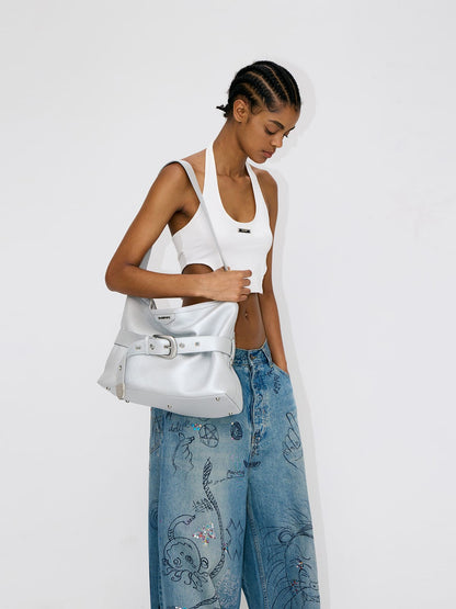 Hobo Bag-Leather Crossbody Bag-SILVER